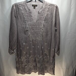 Sweet Magnolia Gray Eyelet Tunic Women's M V-Neck Rolled Sleeve Cottagecore